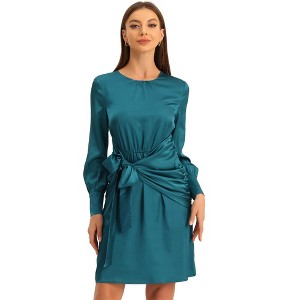 Allegra K Women's Long Sleeve Ruched Round Neck Cocktail Party Tie Waist Satin Dress - 1 of 4
