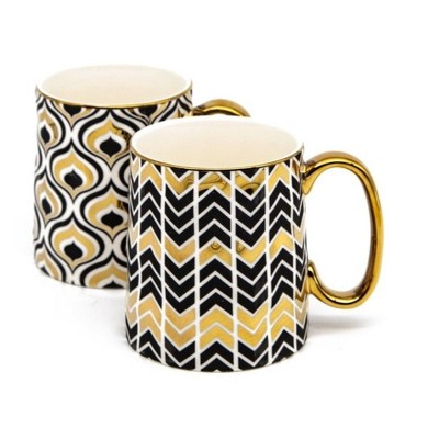 Black and Gold Geometric Ceramic Coffee Mugs, Set of 2