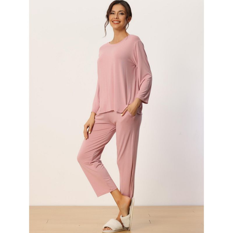cheibear Women's Long Sleeve Pajama Set Sleepwear Soft Modal Round Neck Shirt and Long Pants Nightwear, 2 of 6