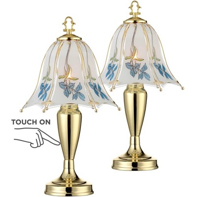 Regency Hill Cottage Accent Table Lamps 18" High Set of 2 Touch On Off Brass Blue Floral Glass Shade for Bedroom Bedside