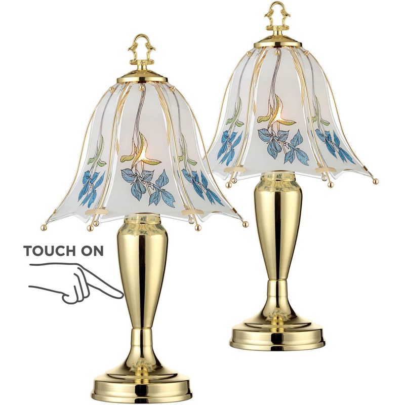 Regency Hill Country Cottage Accent Table Lamps 18" High Set of 2 Brass Touch On Off Blue Floral Glass Shade for Bedroom Living Room Nightstand Family, 1 of 5