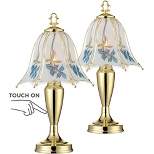 Regency Hill Country Cottage Accent Table Lamps 18" High Set of 2 Brass Touch On Off Blue Floral Glass Shade for Bedroom Living Room Nightstand Family