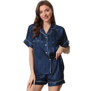 cheibear Women's Satin Button Down Short Sleeve and Shorts Pajama Set - 1 of 4