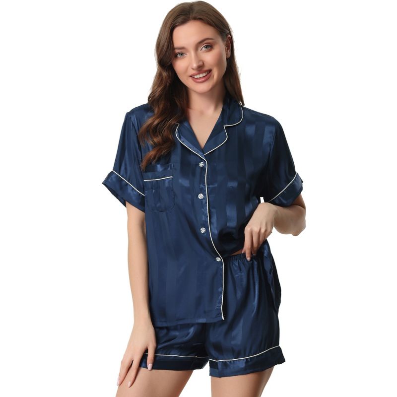 cheibear Women's Satin Button Down Short Sleeve and Shorts Pajama Set, 1 of 7