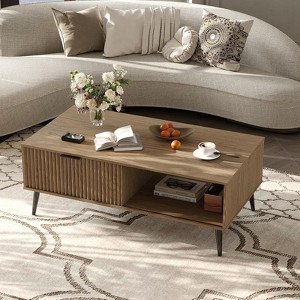 Coffee Table with Storage, 2-Tier Wooden Coffee Table with Sliding Door, Solid Wood Legs, for Living Room, Home & Office - 1 of 4