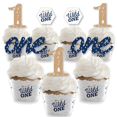 Big Dot of Happiness He's a Wild One - Cupcake Decoration - 1st Birthday Party Cupcake Wrappers and Treat Picks Kit - Set of 24