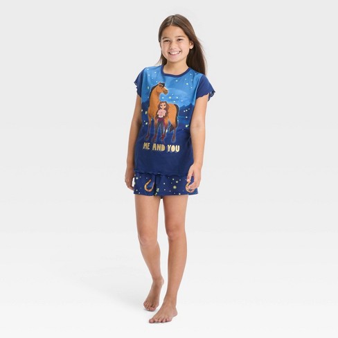 Girls Spirit Riding Free 2pc Short Sleeve Pajama Set Navy Blue XS