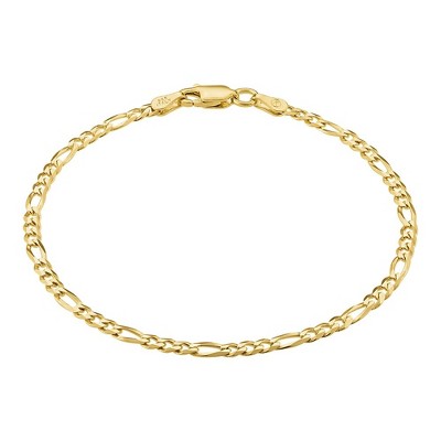 KISPER 18K Gold Over 925 Sterling Silver 3mm Solid Diamond-Cut Figaro Link Chain Bracelet - for Men & Women with Lobster Clasp - Made in Italy
