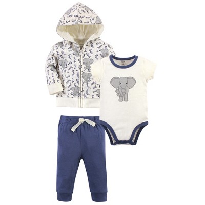 Touched by Nature Baby and Toddler Unisex Organic Cotton Hoodie, Bodysuit or Tee Top, and Pant, Print Elephant, 3-6 Months