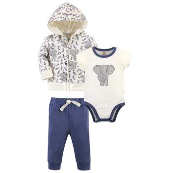 Touched by Nature Baby and Toddler Unisex Organic Cotton Hoodie, Bodysuit or Tee Top, and Pant, Print Elephant