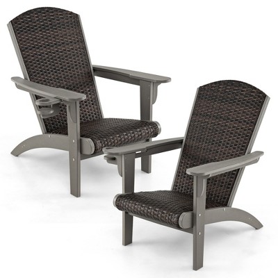 Tangkula Set of 2 Adirondack Chair w/ Rattan Padded Seat & Back Wide Hidden Cupholder Patio