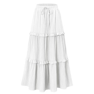 Coolmee Women's A-Line Midi Skirt Causal High Waist Drawstring Pleated Ruffle Tiered Cocktail Wedding Guest Long Skirts - 1 of 4
