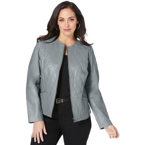 Jessica London Women's Plus Size Quilted Leather Jacket, 12 W - Gunmetal