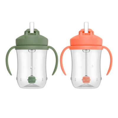 LunaLulinlk Baby's First Straw Cup with Weighted Straw, 9oz, Coral/Olive, 6m+, 2 Pack