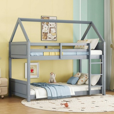 LOVMOR Twin Over Twin House Floor Bunk Bed with Headboards, Footboards and Guardrails, Ladder, Rubber Wood Bunk Bed with Safety Guardrails