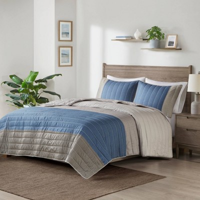 King Blue and Taupe Reversible Microfiber Quilt Set