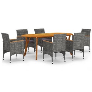 vidaXL Patio Dining Set 7 Piece - Gray Outdoor Furniture - Acacia Wood Table & Weather-Resistant Rattan Chairs with Cushions - 1 of 4