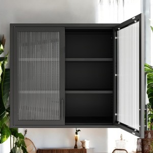 Alilang 31.50 Inch Wall-Mounted Black Metal Cabinet with Fluted Glass Doors - Black - 1 of 4