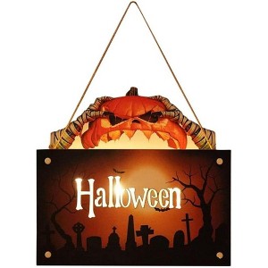 Halloween Sign with LED Lights - Pumpkin Welcome Door Hanger for Porch, Yard- Spooky Wooden Decoration with Rope (Mummy Green, No Batteries Included) - 1 of 4