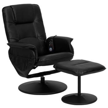 Flash Furniture Massaging Adjustable Recliner with Deep Side Pockets and Ottoman with Wrapped Base in Black LeatherSoft