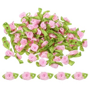 Unique Bargains Satin Mini DIY Crafts Sewing Ribbon Roses with Leaves 100 Pcs - 1 of 4