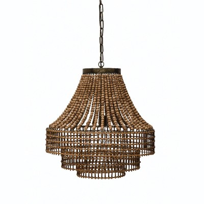 Storied Home Metal Rattan and Wood Bead Chandelier Brown: ETL Listed, Iron Canopy, Adjustable Height
