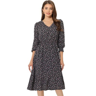 Allegra K Women's Floral V Neck Belt Waist Long Sleeve Flowy Flare Chiffon Midi Dress