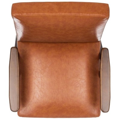Cognac Faux Leather and Walnut Wood Mid-Century Accent Chair