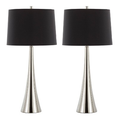 Set of 2 Black Faux Silk Drum Shade Table Lamps with Polished Nickel Base