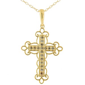 Haus of Brilliance 10K Yellow Over Silver 1/4 Cttw Champagne Diamond Filigree Cross Pendant - 1 of 4