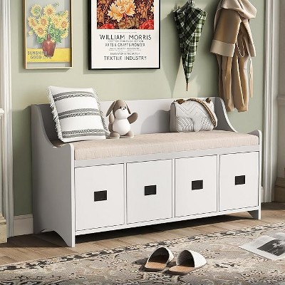 Multifunctional Wooden Shoe Organizer Bench，Removable Cushion, with 4 Storage Drawers and Backrest