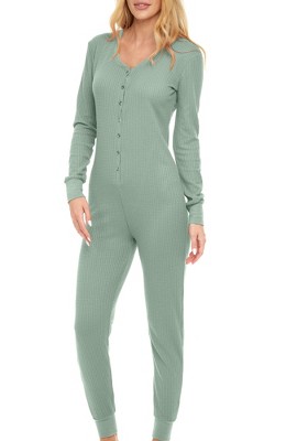 followme Women's Thermal Henley Onesie Union Suit, Black, X-Small