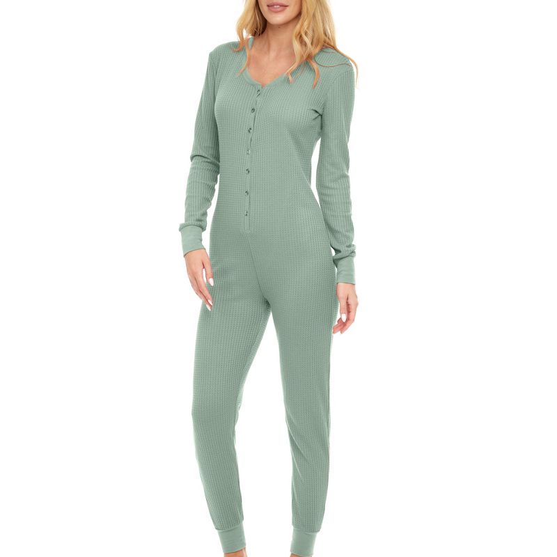 Women's  Soft Ribbed Waffle Rib Knit Pajamas, Onesie, Jumpsuit, Romper for Adult, 1 of 8