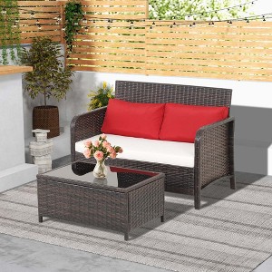 Costway 2 PCS Outdoor Patio Wicker Furniture Set with Tempered Glass Tabletop & Cushions - 1 of 4