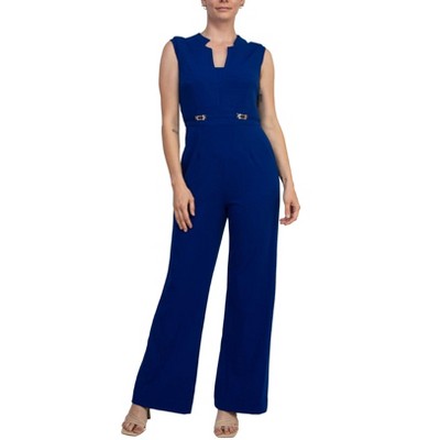 EG PRO Women Jumpsuit Notch-Neck Sleeveless Crepe Flare Leg Back Zipper