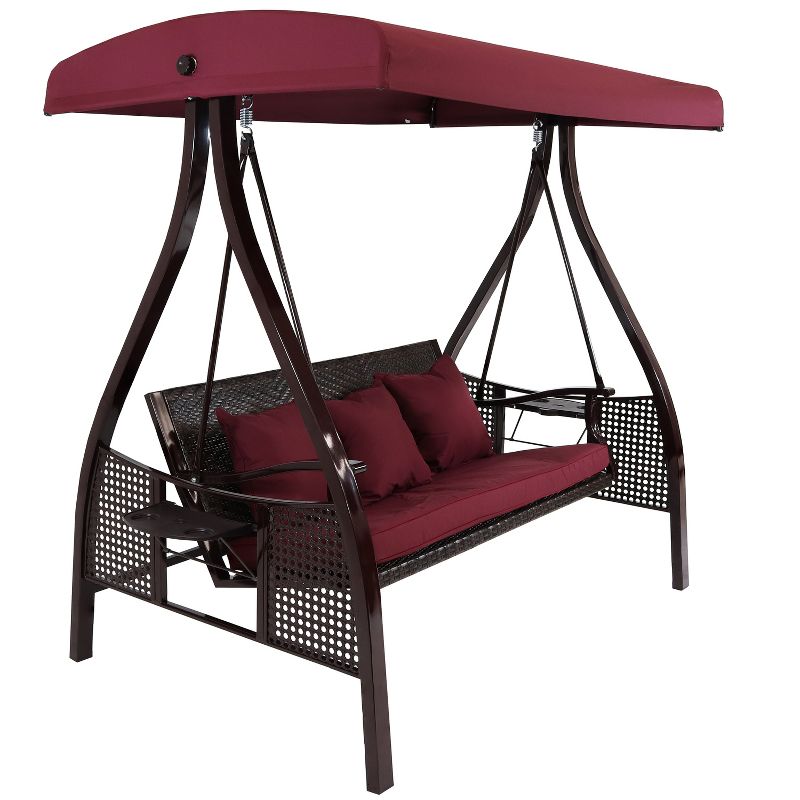 Sunnydaze 3-Person Outdoor Patio Swing with Adjustable Canopy Shade, Foldable Side Tables, Cushions and Pillow, Merlot, 1 of 14