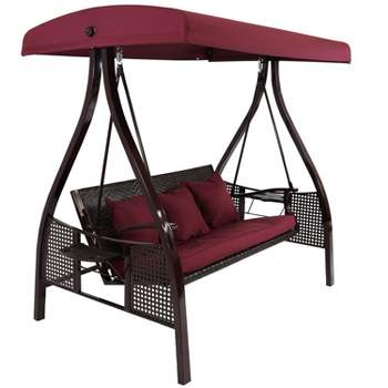 Sunnydaze 3-Person Outdoor Patio Swing with Adjustable Canopy Shade, Foldable Side Tables, Cushions and Pillow, Merlot