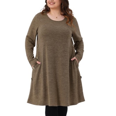 Women's Plus Size Button Decor Crew Neck Long Sleeve Casual Soft Midi Tunic Dresses with Pockets - Agnes Orinda