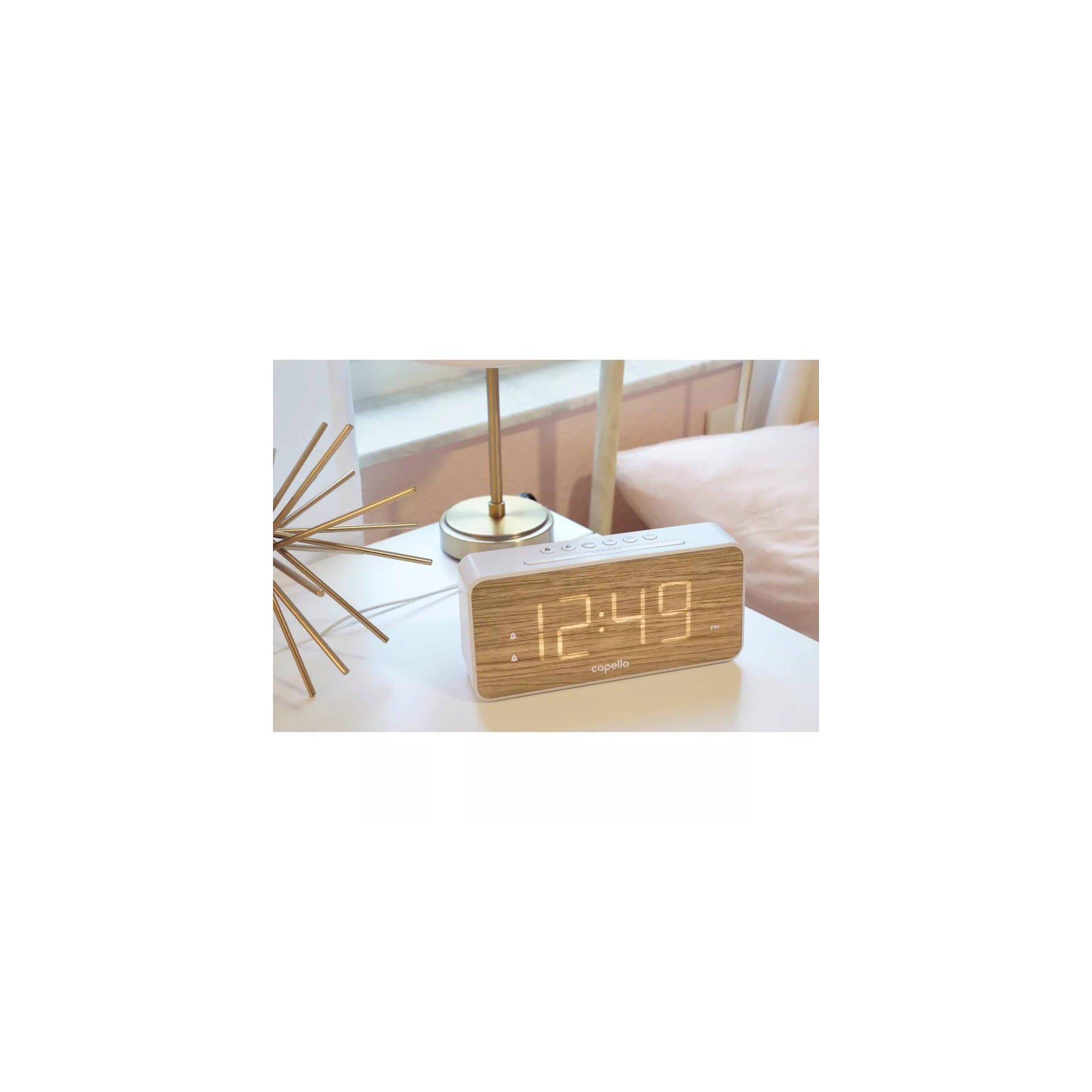 Capello Extra Large Display Digital Alarm Clock with USB A/C White/Pine