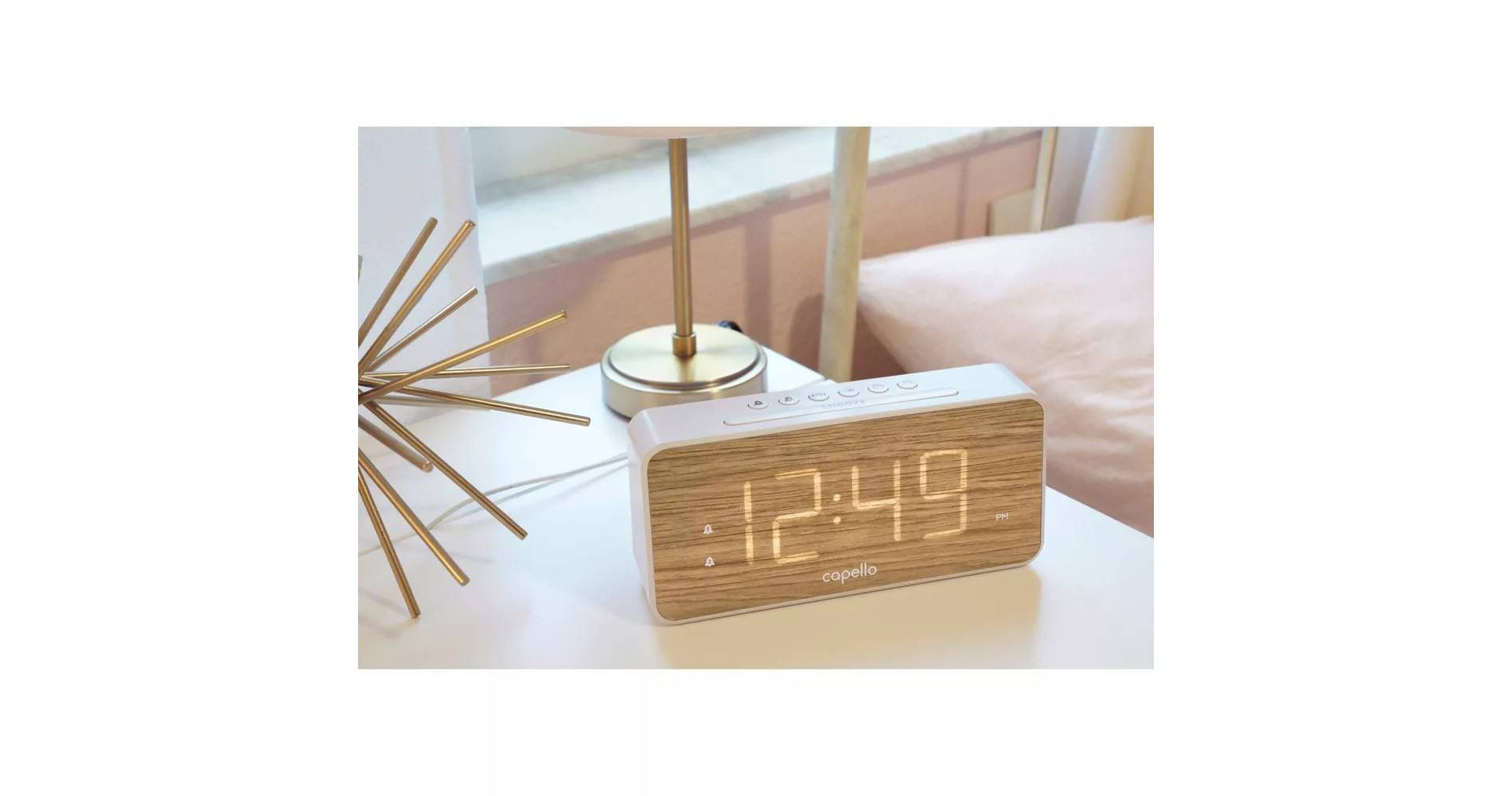 Capello Extra Large Display Digital Alarm Clock with USB A/C White/Pine