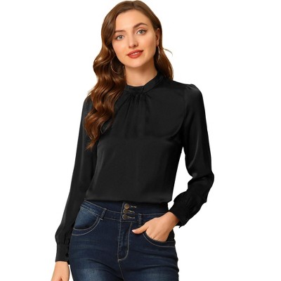 Allegra K Women's Satin Puff Sleeve Stand Collar Work Top
