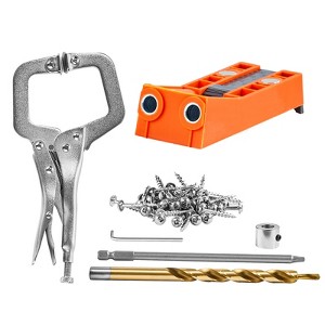 VEVOR Pocket Hole Jig, 56 Pcs Mini Jig Pocket Hole System with 9" C-clamp, Step Drill, Wrench, Square Drive Bit, Drill Stop Ring, and Screws - 1 of 4