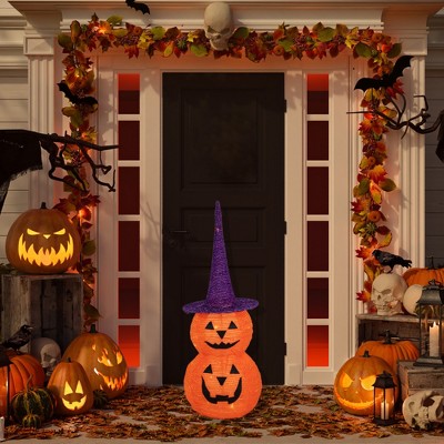 30" Pre-lit Stacked Jack-O-Lanterns with Purple Witch Hat