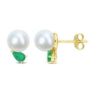EVERLY JEWELRY | 14k Yellow Gold 7 - 7.5 MM Cultured Freshwater Pearl and 3/8 CT TGW Pear Cut Emerald Stud Earrings - 1 of 4