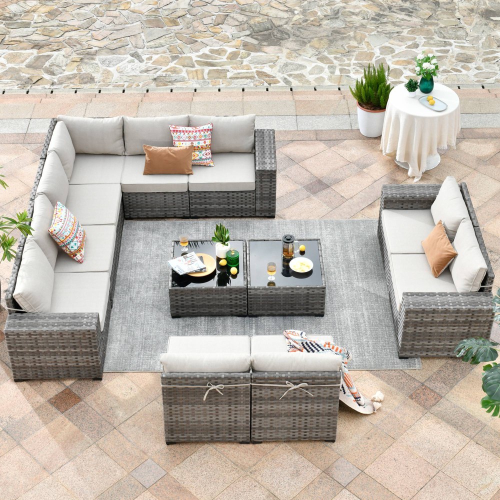 Ovios Marlton 12pc Wicker Outdoor Patio Furniture Set Conversation Sofa Sectional with Orange Red Cushions