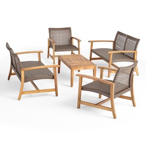 Christopher Knight Home Hampton Outdoor Acacia Wood and Wicker 6 Seater Chat Set - 1 of 4