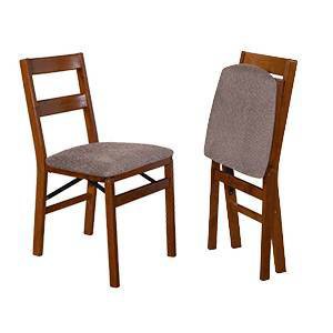 Brown Wood and Metal Upholstered Slat Back Folding Chairs, Set of 2