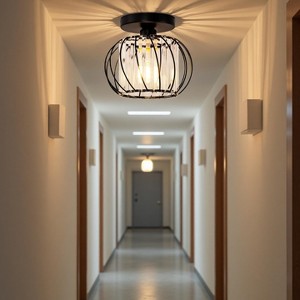 DORESshop Modern Semi-Flush Mount Ceiling Light with Black Finish and Fabric Drum Shade – 1-Light Fixture for Bedroom, Hallway or Entryway - 1 of 4