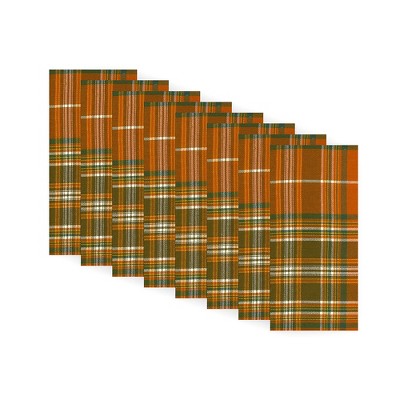 Loden Plaid Fall Printed Napkins, Set of 8 - 17" x 17" - Orange/Green - Elrene Home Fashions