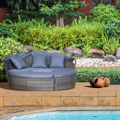 Gray and Blue Cushioned Rattan Wicker Outdoor Daybed with Canopy